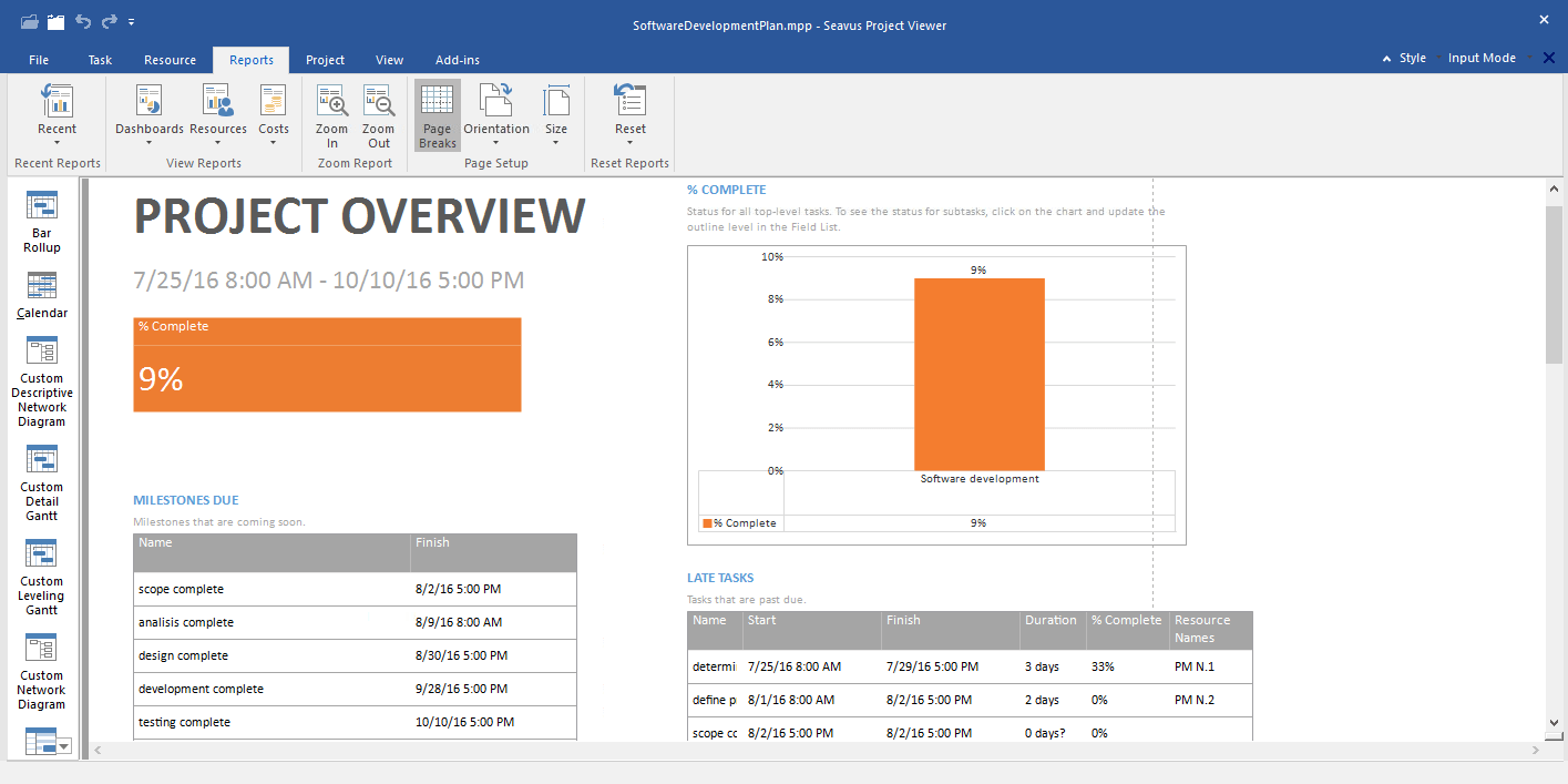 ms project overview report in seavus proejct viewer