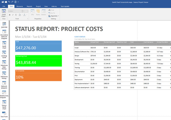 Status Report of Project Costs in Seavus Project Viewer